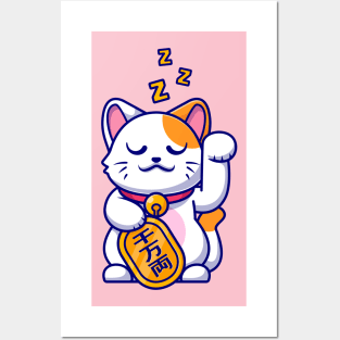 Cute Lucky Cat Sleeping With Gold Coin Cartoon Posters and Art